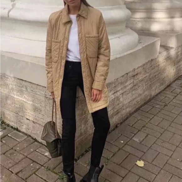 Zara quilted water repellent oversized jacket Overshirt Beige Sz XS 4341/739 - Picture 16 of 16